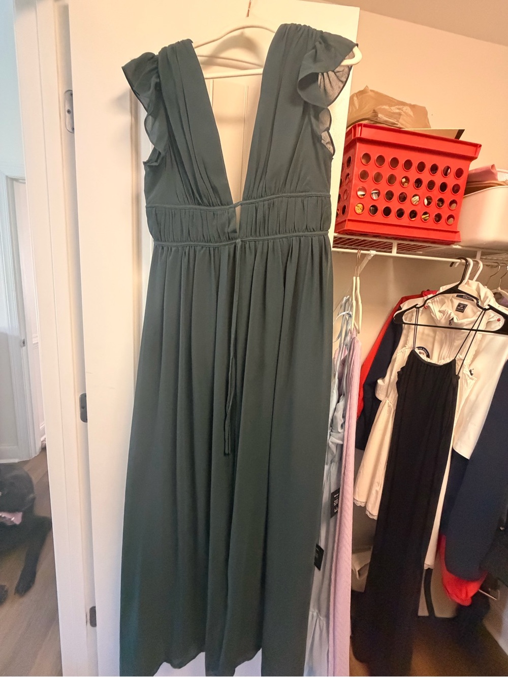 Lulu's Forest Green Deep V Maxi Dress with Ruffle Shoulders